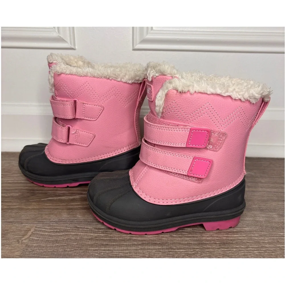 Cat & Jack Girls Pink Black Faux Fur Lined Winter Snow Duck Boots Size 10
